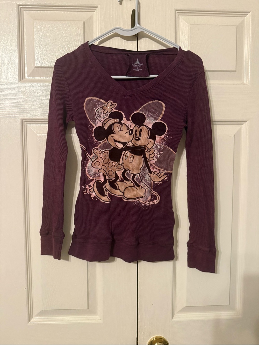 Disney Women's V-Neck Sweater in Burgundy with Mickey & Minnie Graphic